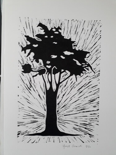 Prenten & gravures getiteld "Linogravure Arbre 7" door Yanek Chomicki, Origineel Kunstwerk, Linosnede