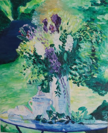 Painting titled "bouquet au jardin" by Yanick Monteil, Original Artwork, Oil Mounted on Cardboard