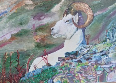 Painting titled "mouflon" by Yanick Monteil, Original Artwork, Oil Mounted on Cardboard