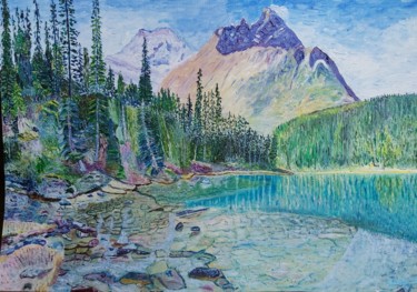 Painting titled "lac de montagne" by Yanick Monteil, Original Artwork, Oil Mounted on Cardboard