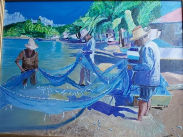 Painting titled "les Antilles" by Yanick Monteil, Original Artwork, Oil Mounted on Wood Stretcher frame