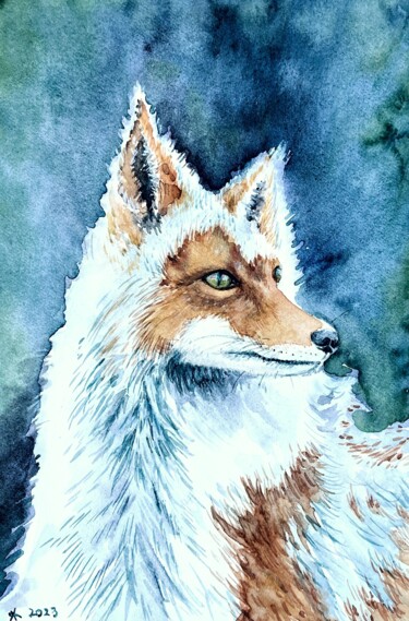 Ζωγραφική με τίτλο "Snow fox" από Yanina Kalinichenko, Αυθεντικά έργα τέχνης, Ακουαρέλα