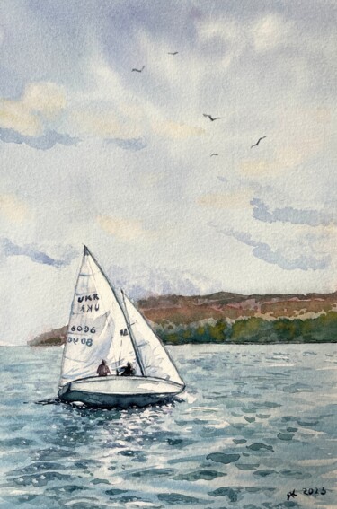 Schilderij getiteld "Yacht" door Yanina Kalinichenko, Origineel Kunstwerk, Aquarel