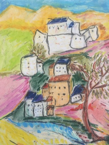Painting titled "Village Corse avec…" by Bobdiyann, Original Artwork, Pastel