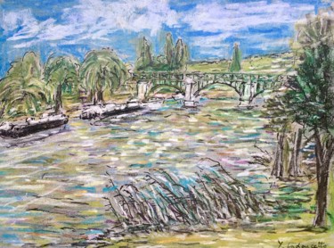 Painting titled "Le pont métallique…" by Bobdiyann, Original Artwork, Pastel