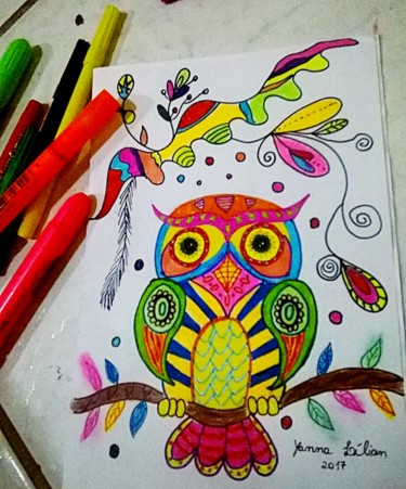 Desenho intitulada "owl psychedelic" por Yanna Lilian, Obras de arte originais, Canetac de aerossol