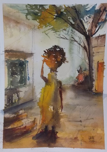 Painting titled "porteuse indienne" by Yann Chalopin, Original Artwork, Watercolor