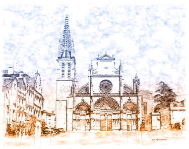 Cathédrale de Bazas - La façade Digital Arts titled "Cathédrale de Bazas…" by Yannick Le Quilleuc, Original Art, Digital Painting