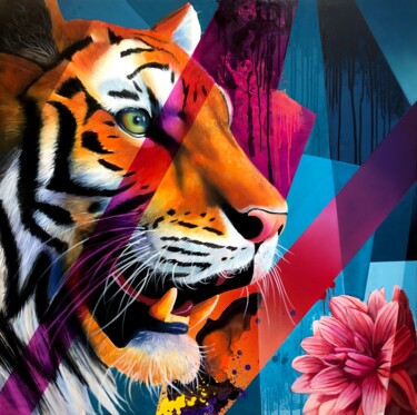 Malerei mit dem Titel "Le Tiger" von Yannick Aaron, Original-Kunstwerk, Acryl Auf Keilrahmen aus Holz montiert