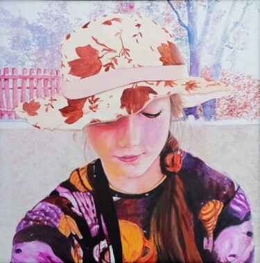 Schilderij getiteld "Lou sous son chapeau" door Yannick Amélie Jan, Origineel Kunstwerk, Olie Gemonteerd op Frame voor houte…