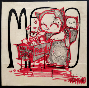 Tekening getiteld "Happy red meal" door Yannick Duriez, Origineel Kunstwerk, Marker Gemonteerd op Houten paneel