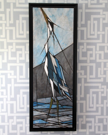 Painting titled "Héron" by Yannick G, Original Artwork, Acrylic Mounted on Wood Stretcher frame