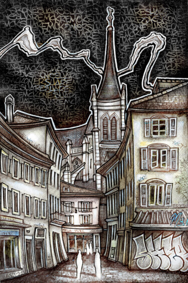 Disegno intitolato "Rue de l'Hôtel de v…" da Yannick Touanen, Opera d'arte originale, Inchiostro