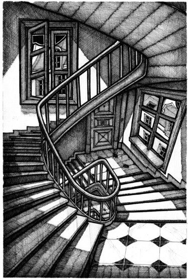 Drawing titled "CAGE D'ESCALIER AVE…" by Yannick Touanen, Original Artwork, Ink
