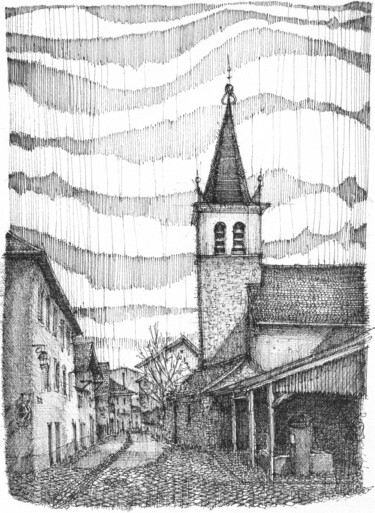 Disegno intitolato "RUE DE L'ÉGLISE, NE…" da Yannick Touanen, Opera d'arte originale, Inchiostro