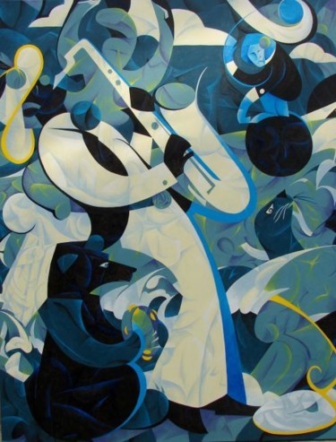 Peinture intitulée "Le singe bleu" par Yannick Moure, Œuvre d'art originale