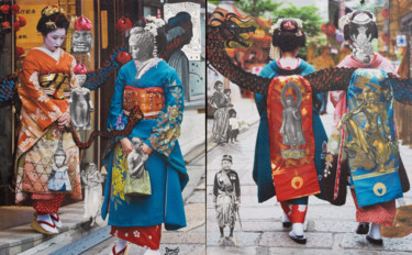 Peinture intitulée "geishas et dragon" par Yanosky, Œuvre d'art originale, Collages