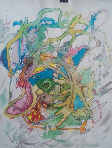 Drawing titled "dragons autour d'un…" by Yanosky, Original Artwork, Ink