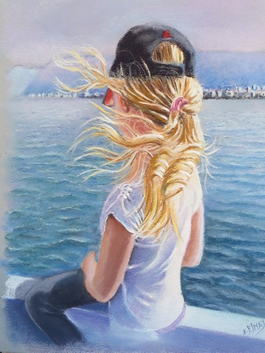 Painting titled "cheveux au vent" by Robert Esnay, Original Artwork, Pastel