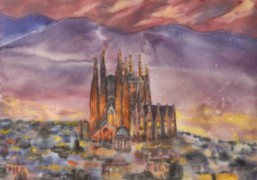 Painting titled "Lights of Barcelona" by Galina Yarovikova, Original Artwork, Watercolor