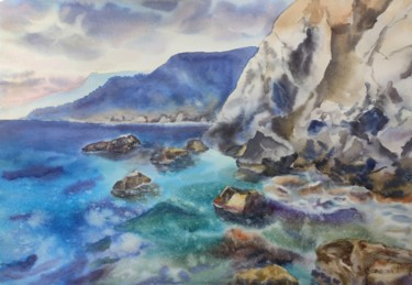 Painting titled "Rocky shore." by Galina Yarovikova, Original Artwork, Watercolor