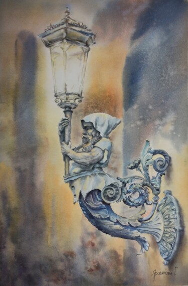 Painting titled "Lamplighter" by Galina Yarovikova, Original Artwork, Watercolor