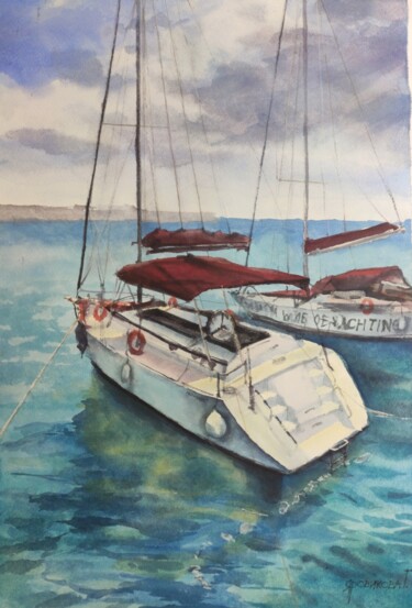 「Yachts」というタイトルの絵画 Galina Yarovikovaによって, オリジナルのアートワーク, 水彩画