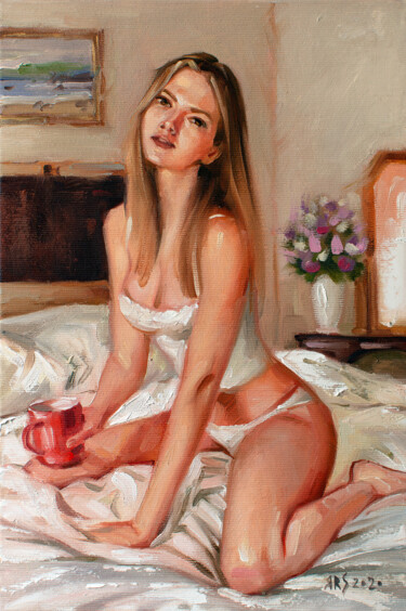 Painting titled "More Coffee Please!…" by Yaroslav Sobol, Original Artwork, Oil Mounted on Wood Stretcher frame