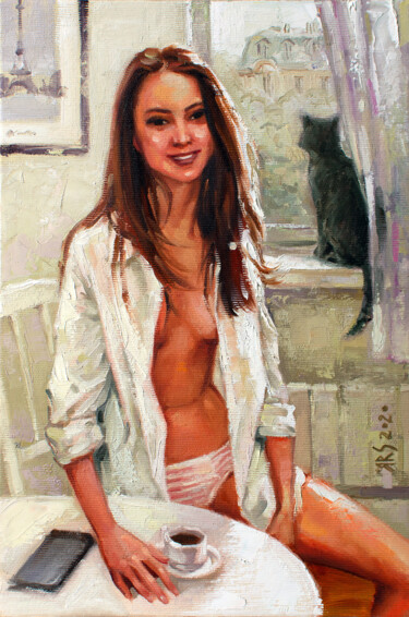 Painting titled "Morning Coffee in P…" by Yaroslav Sobol, Original Artwork, Oil Mounted on Wood Stretcher frame