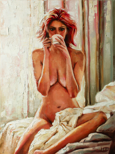 Malerei mit dem Titel "BUT FIRST COFFEE -…" von Yaroslav Sobol, Original-Kunstwerk, Öl Auf Keilrahmen aus Holz montiert