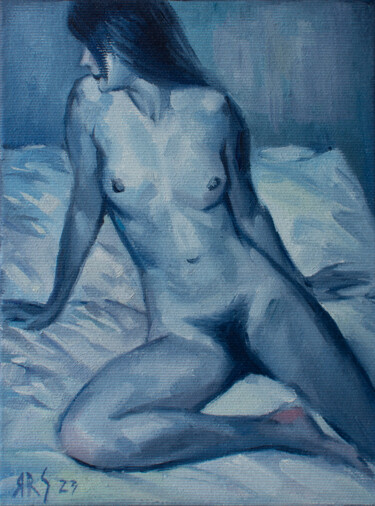 Painting titled "A MIDNIGHT NUDE #1" by Yaroslav Sobol, Original Artwork, Oil Mounted on Wood Stretcher frame