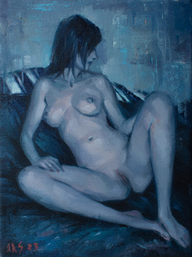 Painting titled "A MIDNIGHT NUDE #2" by Yaroslav Sobol, Original Artwork, Oil Mounted on Wood Stretcher frame