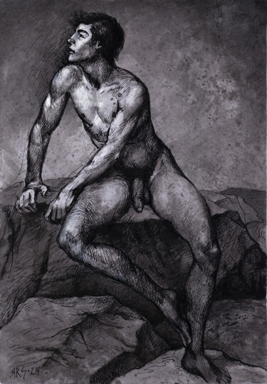 Zeichnungen mit dem Titel "Nude young man sitt…" von Yaroslav Sobol, Original-Kunstwerk, Tinte