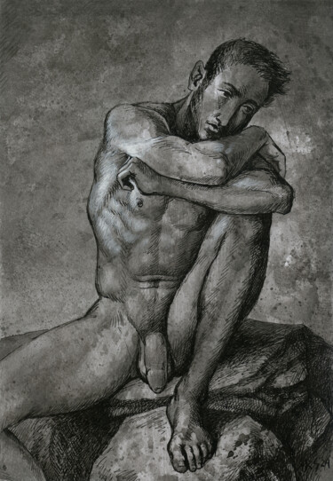 Drawing titled "Nude young man sitt…" by Yaroslav Sobol, Original Artwork, Ink