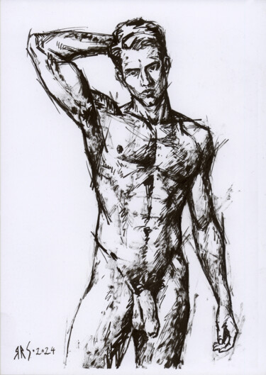图画 标题为“Nude Male Model - D…” 由Yaroslav Sobol, 原创艺术品, 墨