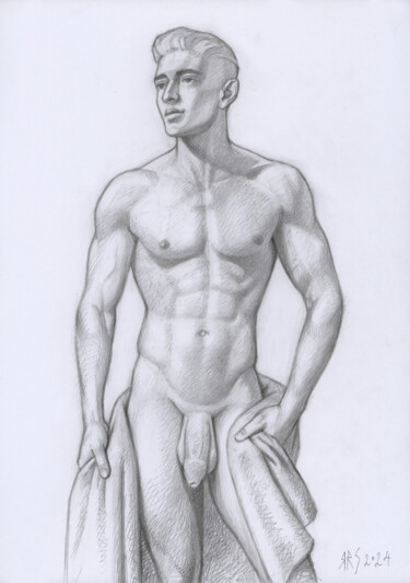 Drawing titled "Nude young man with…" by Yaroslav Sobol, Original Artwork, Graphite