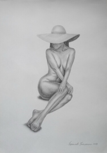 Drawing titled "Girl in hat" by Yaroslav Teslenko, Original Artwork, Charcoal