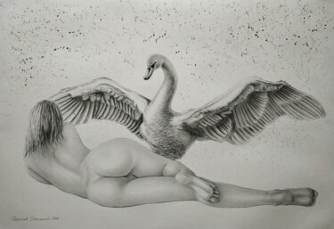 Zeichnungen mit dem Titel "Leda And The Swan" von Yaroslav Teslenko, Original-Kunstwerk, Kohle