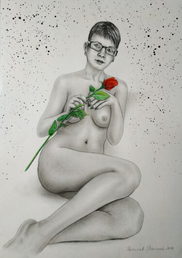 Malerei mit dem Titel "Girl with a rose" von Yaroslav Teslenko, Original-Kunstwerk, Acryl