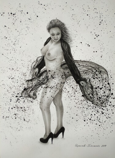 Картина под названием "In a gust of wind" - Yaroslav Teslenko, Подлинное произведение искусства, Древесный уголь