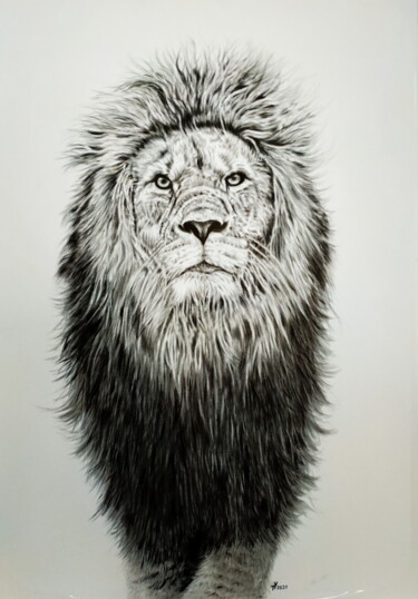 Painting titled "Lion" by Yaroslav Teslenko, Original Artwork, Oil Mounted on Wood Stretcher frame