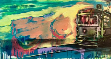 Peinture intitulée "Bright tram" par Yaroslav Yasenev, Œuvre d'art originale, Acrylique Monté sur Châssis en bois