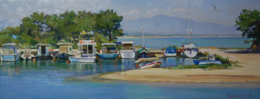 Картина под названием "Boats in Nea Potide…" - Ksenia Yarovaya, Подлинное произведение искусства, Масло