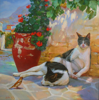 Malarstwo zatytułowany „Cat's Siesta” autorstwa Ksenia Yarovaya, Oryginalna praca, Olej