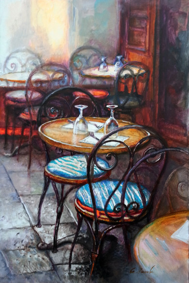 Painting titled "Morning cafe" by Yaseneva Svetlana, Original Artwork, Oil Mounted on Wood Stretcher frame