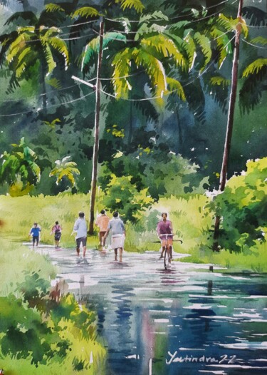 Painting titled "Landscape.." by Yatindra Mahobe, Original Artwork, Watercolor