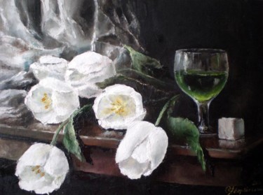 Картина под названием "Белые тюльпаны и аб…" - Yavorivskiy Alexander, Подлинное произведение искусства, Масло