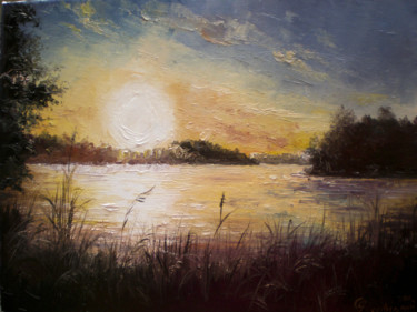 Painting titled "Закат на озере" by Yavorivskiy Alexander, Original Artwork, Oil