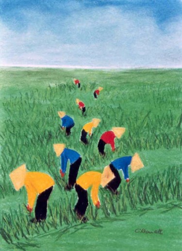 Peinture intitulée "Cueillette du riz" par Ycrina, Œuvre d'art originale