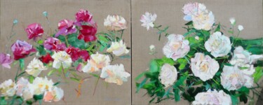 Painting titled "Peonies painting" by Yehor Dulin, Original Artwork, Oil